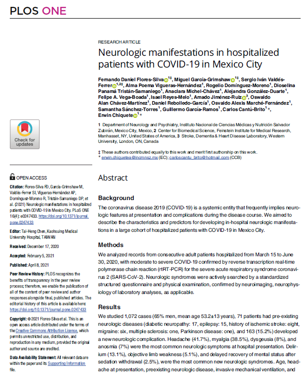 1. Neurologic manifestations in hospitalized patients with COVID 19 in Mexico City